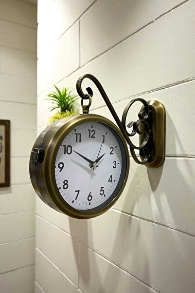 ariana sytle Çift Taraflı Eskitme 36x25 Cm Metal Istasyon Duvar Saati