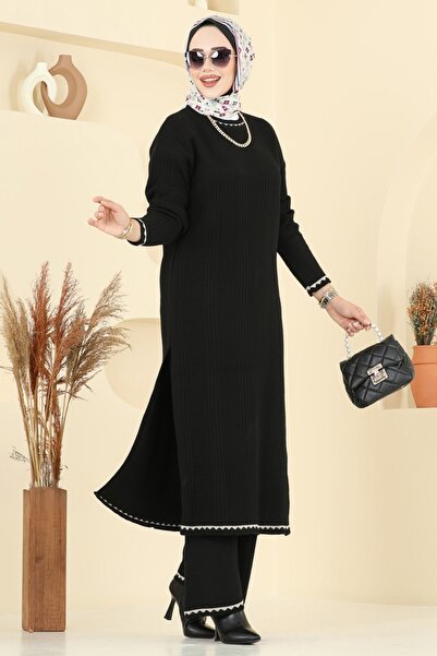 ModaMerve Çizgi Detaylı Triko Takım 2713AYD574-MS Siyah