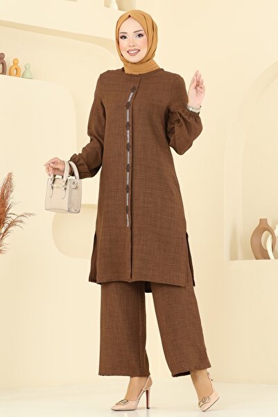 ModaMerve Taş Detaylı Sofia Takım 445DVL817-MS Kahve