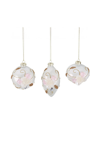 BraziPremium By OLLMA Set of 3 Blooming Flowers Christmas tree baubles, 8 cm, white