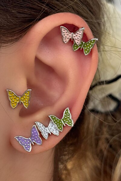 TAKIŞTIR طقم أقراط مكون من 6 قطع باللون الفضي مع تفاصيل حجرية على شكل فراشة