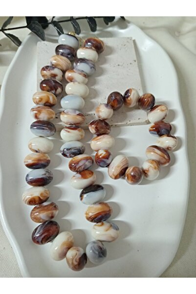 mos&more Brown Variegated Ellipse Beaded Necklace Bracelet Set