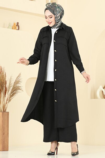 ModaMerve Nervür Detaylı Sofia Takım 3158HBS856-MS Siyah