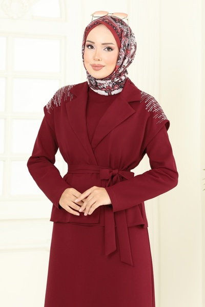 ModaMerve Yeleği Taşlı Elbiseli Takım 2709SL432-MS Bordo
