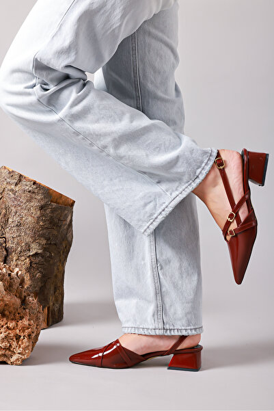 GÜLERSHOES Гарантовані короткі бордові туфлі на підборах з гострим носком, ремінцем на зап'ясті та ажурною підошвою, розміри 36-37-38-39-40.