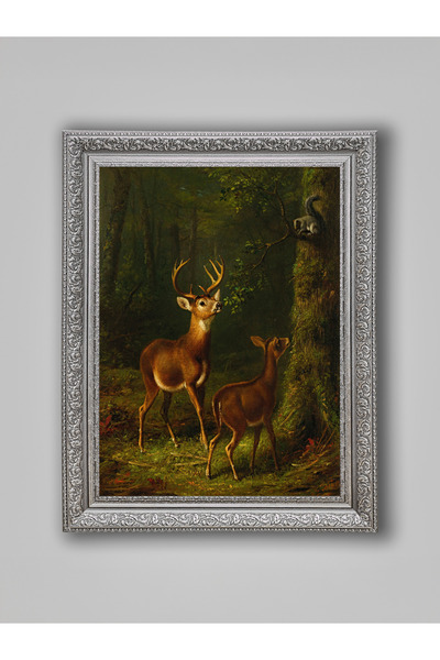 WoodyArts Deer and Squirrel Painting in the Forest – Gray Antique Frame