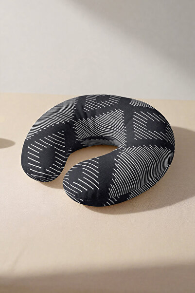 Evimde Bambaşka Pernă pentru gât neagră cu dungi geometrice - Pernă de călăto...