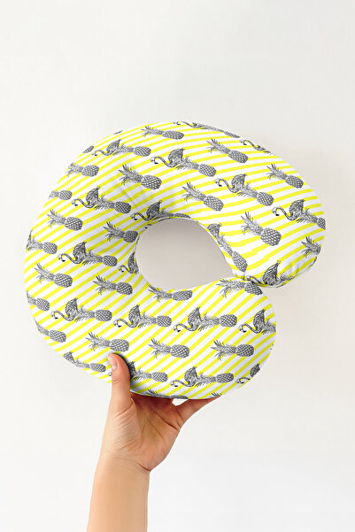 Evimde Bambaşka Pineapple Flamingo Striped Neck Pillow - Tropical Yellow Grey...