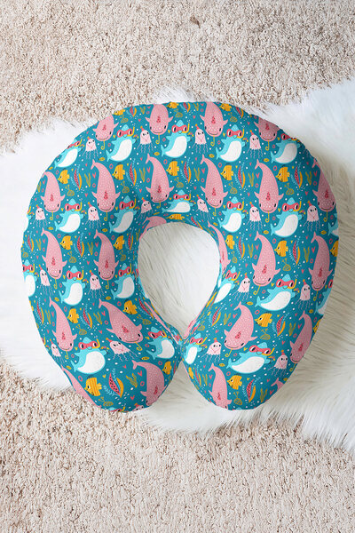 Evimde Bambaşka Pernă de călătorie din bumbac cu creaturi marine drăguțe - pernă de călătorie de culoare roz turcoaz