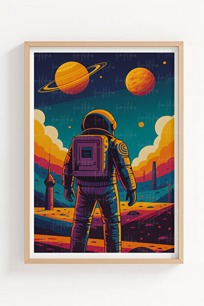 Tontilika Astronot ve Roket 3’lü Uzay Temalı Ahşap Çerçeveli Tablo Seti - Genç Odası Dekoru