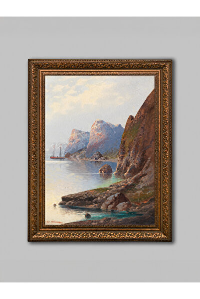 WoodyArts Πίνακας με σκηνικό τηνακτικό παραθαλάσσιο χώρο και ιστιοπλοϊκό τοπίο – Καφέ αντίκα κορνίζα