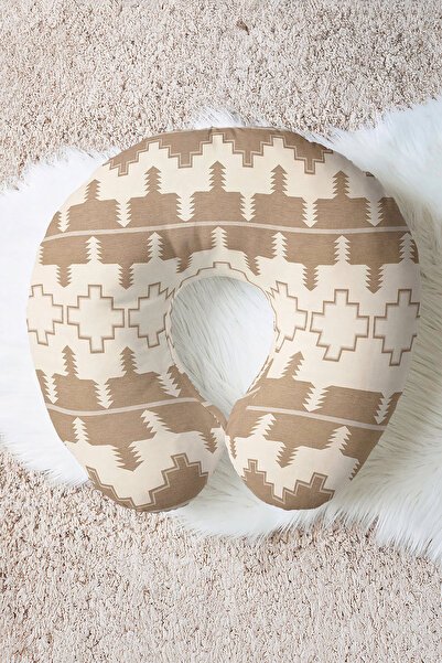 Evimde Bambaşka Ethnic Patterned Cotton Neck Pillow - Geometric Beige Cream S...