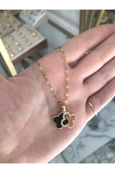the ASEL İNCİ Double Stone and Clover Model Trend Necklace