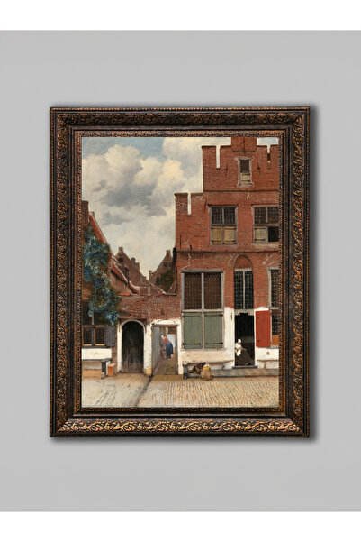 WoodyArts Ζωγραφική με θέα στο ήρεμο δρόμο και το σπίτι από κόκκινο τούβλο – Μπρονζέ αντίκα κορνίζα