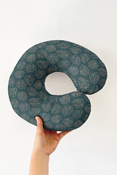 Evimde Bambaşka Pernă pentru gât cu frunze de Monstera - Pernă de călătorie c...