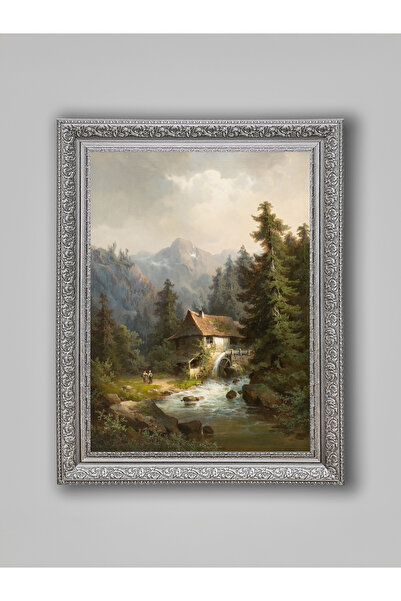WoodyArts Waterfall Landscape Painting in the Mountain House – Gray Antique Frame