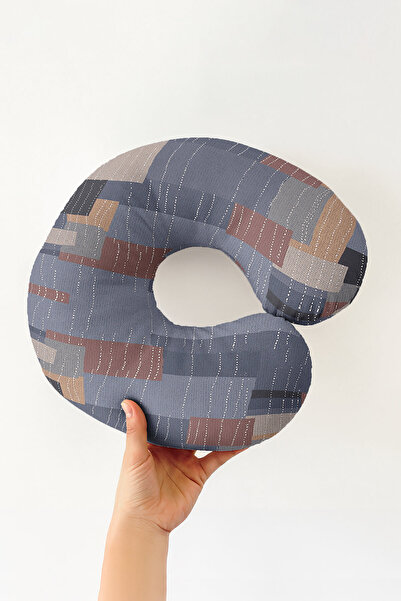 Evimde Bambaşka Modern Geometric Gray Cotton Neck Pillow - Minimal Pattern Br...