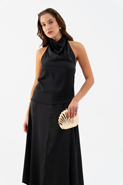 Lafaba Women's Black Degaje Collar Satin Skirt Blouse Set