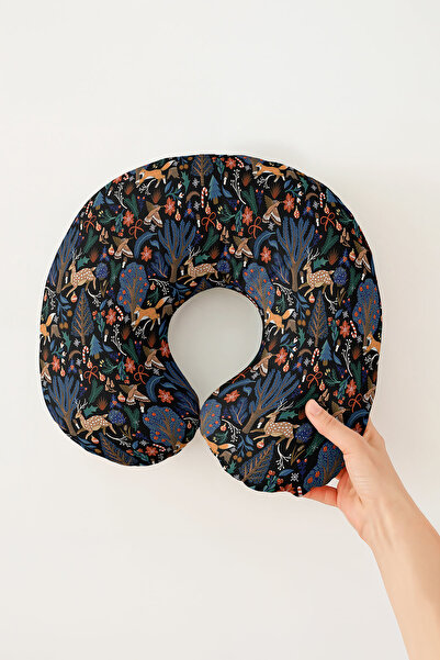 Evimde Bambaşka Forest Animals Patterned Cotton Neck Pillow - Natural Motif B...