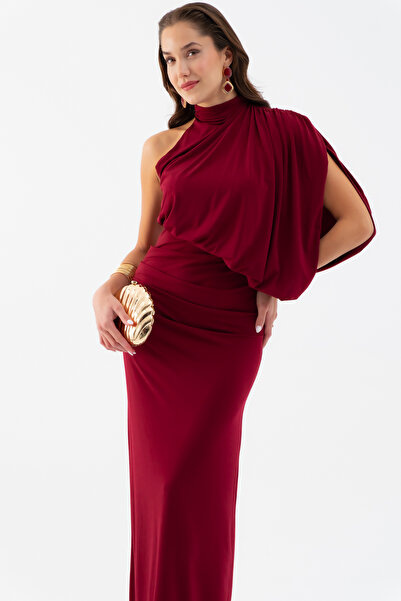 Lafaba Women's Burgundy One Shoulder Drape Detailed Long Dress
