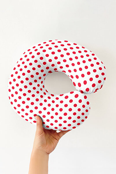 Evimde Bambaşka Pernă pentru gât din bumbac cu buline roșii - Pernă de călătorie cu model retro alb roșu