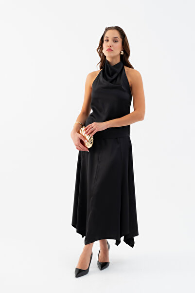 Lafaba Women's Black Degaje Collar Satin Skirt Blouse Set