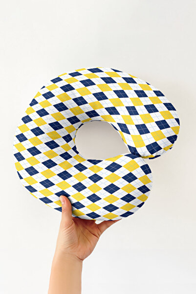 Evimde Bambaşka Plaid Pattern Ergonomic Neck Pillow - Classic Yellow Navy Blu...