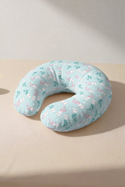 Evimde Bambaşka Mermaid Cat Cotton Neck Pillow - Pastel Mint Pink Kids & Adul...