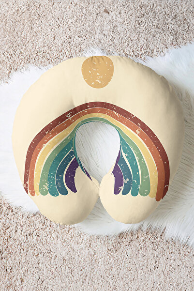 Evimde Bambaşka Pernă ergonomică pentru gât cu model curcubeu vintage - Pernă moale de călătorie în stil retro, galbenă