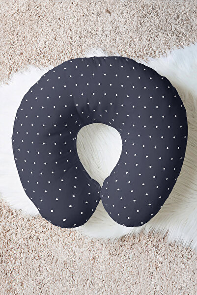 Evimde Bambaşka Polka Dot Patterned Cotton Neck Pillow - Modern Navy Blue Whi...