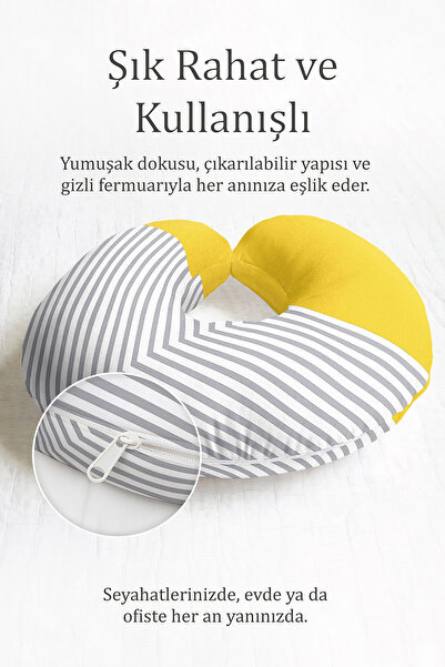 Evimde Bambaşka Prugasto Žuto-sivi Pamuk paket jastuka za vrat - Moderni geom...