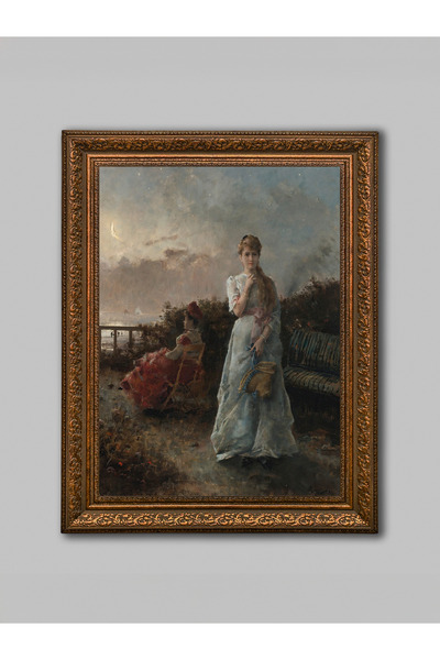 WoodyArts Pictură de o femeie reflectoare în timpul lumii lunii pe plaja – ca...