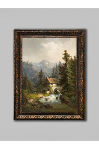 WoodyArts Dağ Evinde Şelale Manzarası Tablo – Bronz Eskitme Çerçeve