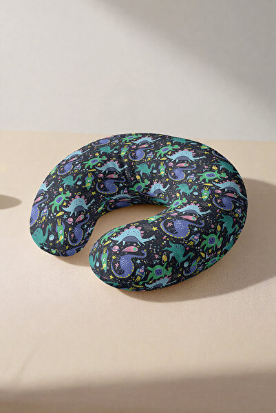 Evimde Bambaşka Dinosaur Patterned Cotton Neck Pillow - Colorful Space Themed...