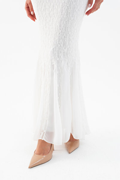 Lafaba Kadın Beyaz Halter Yaka Uzun Dantel Elbise