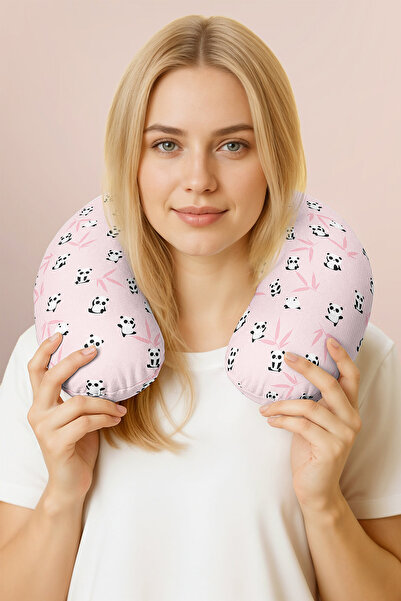 Evimde Bambaşka Panda Patterned Cotton Neck Pillow - Cute Pink Black Kids & A...
