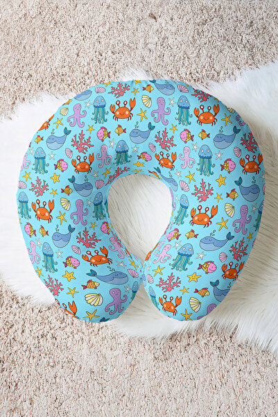 Evimde Bambaşka Sea Creatures Themed Neck Pillow for Kids & Adults - Cute Blu...
