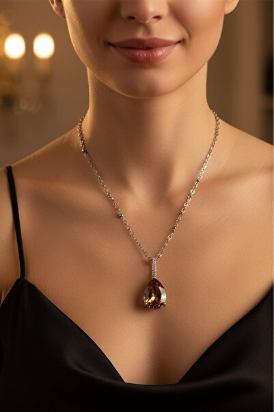 X-Lady Accessories Gümüş Renk Sıra Taşlı Amber Damla Model Sf Zincir Çelik Ko...