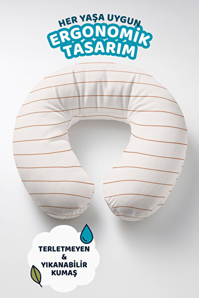 Evimde Bambaşka Minimal Striped Cotton Neck Pillow - Modern Beige Brown Adult...