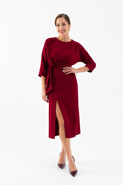 Lafaba Kadın Bordo Yırtmaçlı Midi Saten Davet Elbisesi