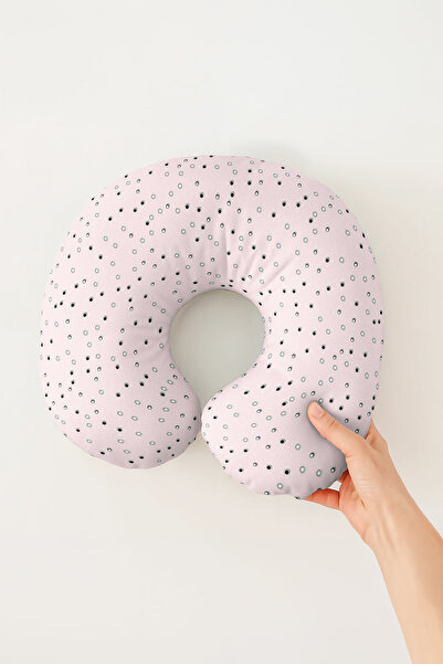 Evimde Bambaşka Pernă pentru gât din bumbac cu model cerc - Pernă moale de călătorie, modernă, roz pastel, gri