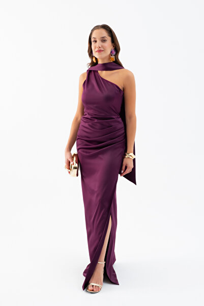 Lafaba Women's Plum Scarf Collar Slit Long Satin Evening Dress