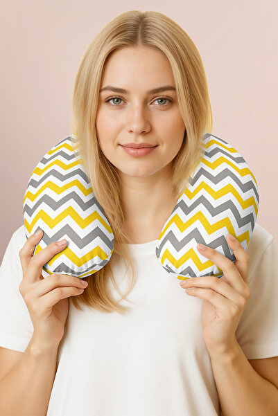 Evimde Bambaşka Zigzag Pattern Ergonomic Neck Pillow - Modern Yellow Gray Sof...