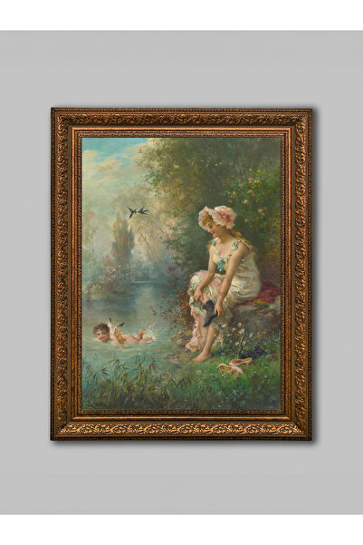 WoodyArts Pictură peisaj feminin cu zână în natură – cadru antic maro