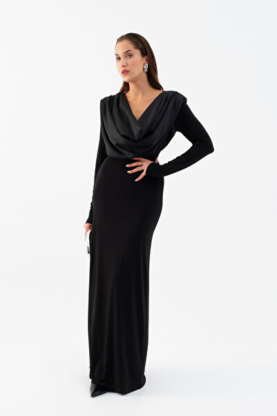 Lafaba Kadın Siyah Pileli Degaje Yaka Elbise