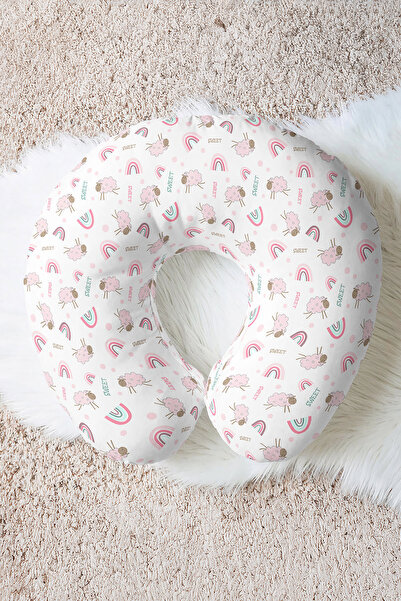 Evimde Bambaşka Pernă ergonomică pentru gât Cute Lamb - Pernă de călătorie cu model curcubeu pastel, roz, verde