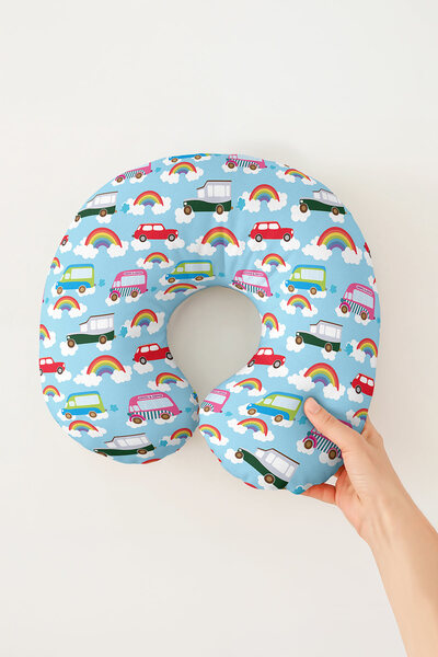 Evimde Bambaşka Colorful Car and Rainbow Pattern Neck Pillow - Pastel Blue Cl...