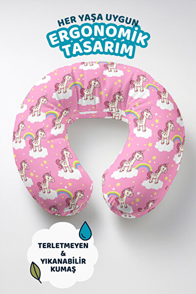 Evimde Bambaşka Unicorn Desenli Pamuklu Boyun Yastığı - Pembe Gökkuşağı Yıldı...