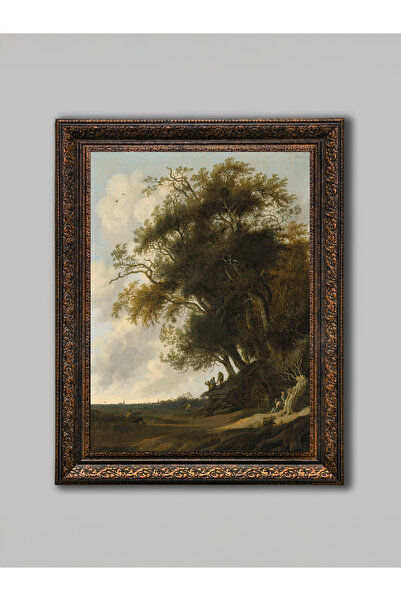 WoodyArts Büyük Ağaç ve Kır Evi Manzarası Tablo – Bronz Eskitme Çerçeve