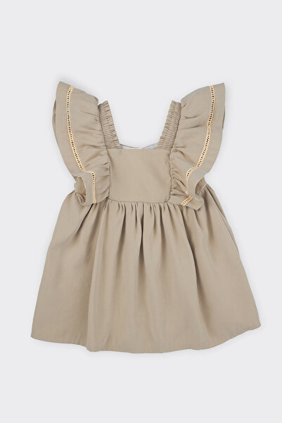 Panço Kız Bej Dokuma Kare Yaka Elbise